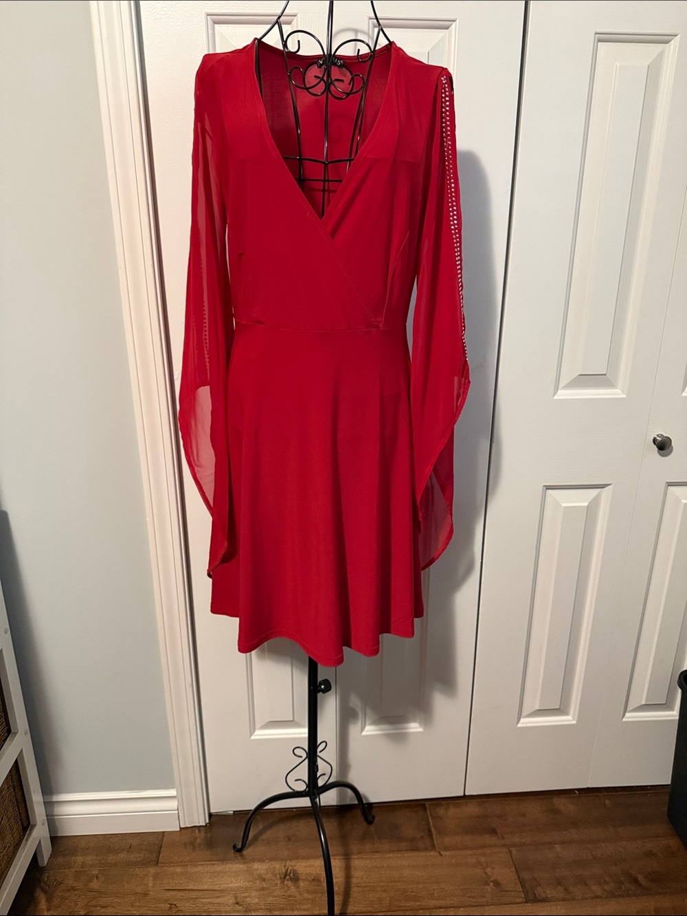 VENUS Vibrant Red Long-Sleeve V-Neck Fit & Flare Dress